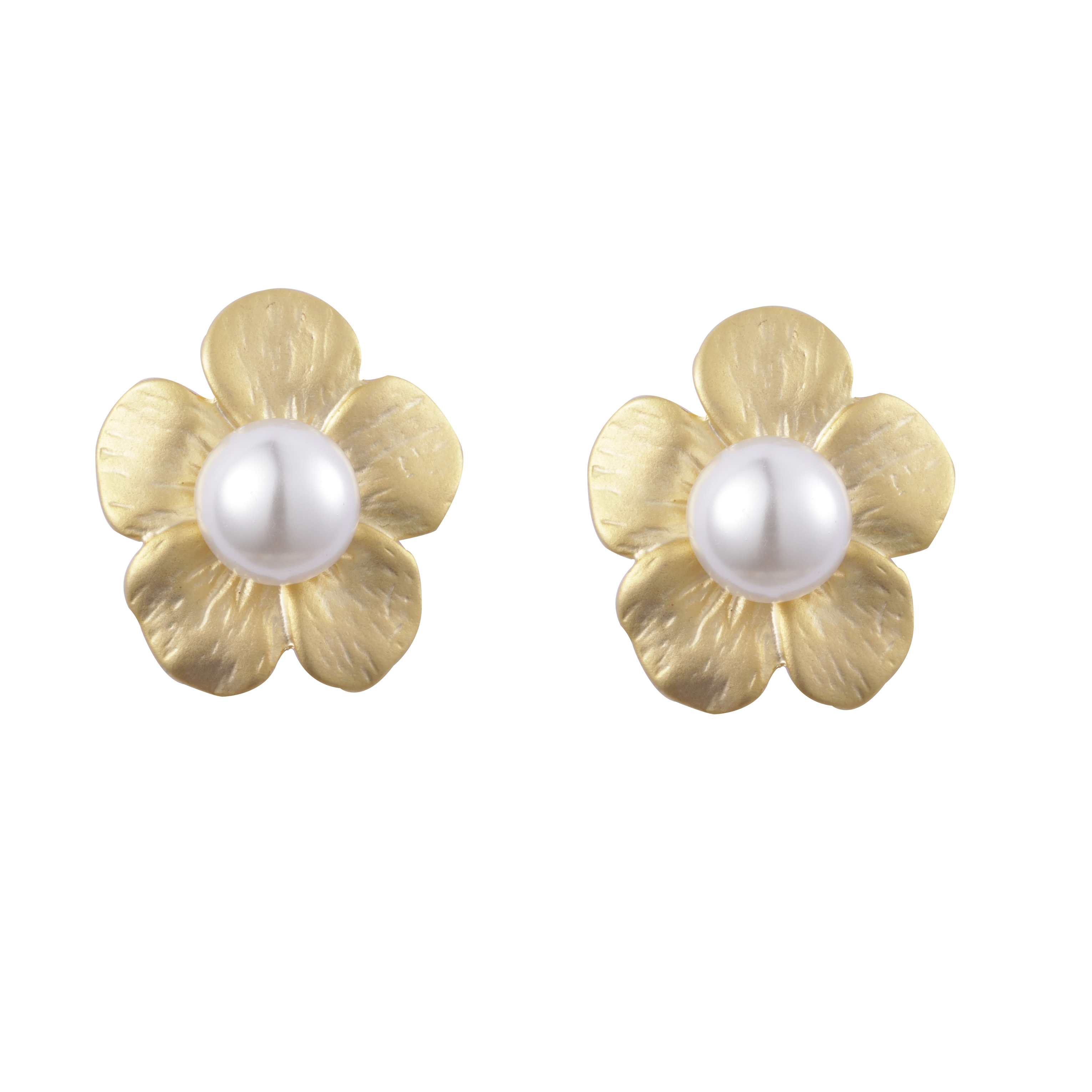 Liefern Sie hochwertige, mit Blumenmuster und Perlen verzierte, modische Ohrringe mit 14-Karat-Vergoldung und mattem Effekt