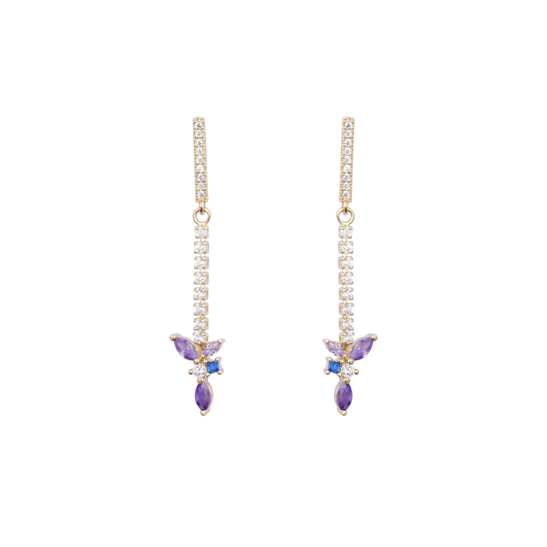 Elegante Ohrringe mit lila Orchideen-CZ, 14 Karat vergoldet
