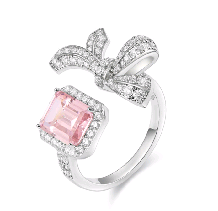 Offener Ring mit rosa Schleife und quadratischem Diamant RTB141