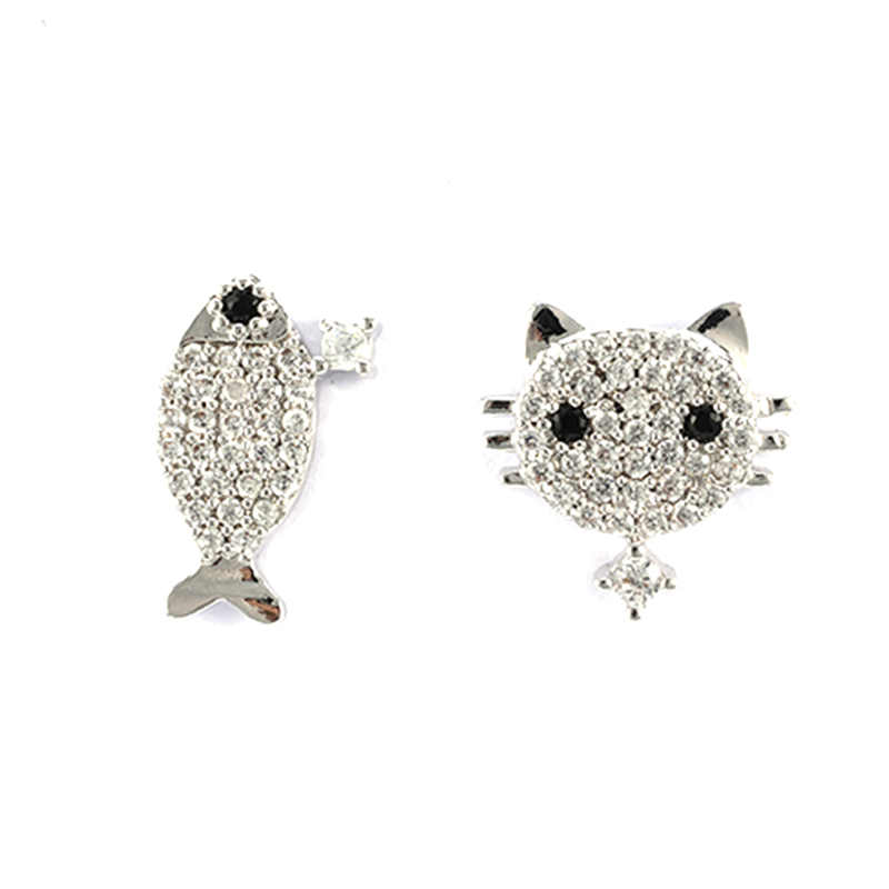 Katzen- und Fisch-Emaille-Zirkonia-Ohrringe